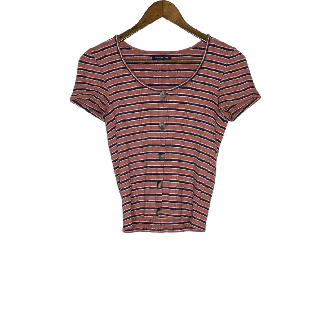 American Eagle Women’s Pink and Blue Striped T-Shirt Size Medium